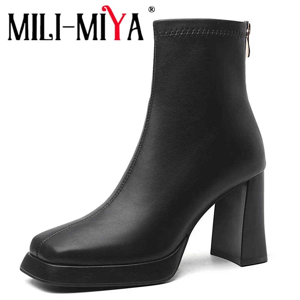 MILI-MIYA Women's Cash-On-Delivery Square-Toe Stretch Microfiber Ankle Boots With Extra-High Chunky Heels—Black Casual Boots