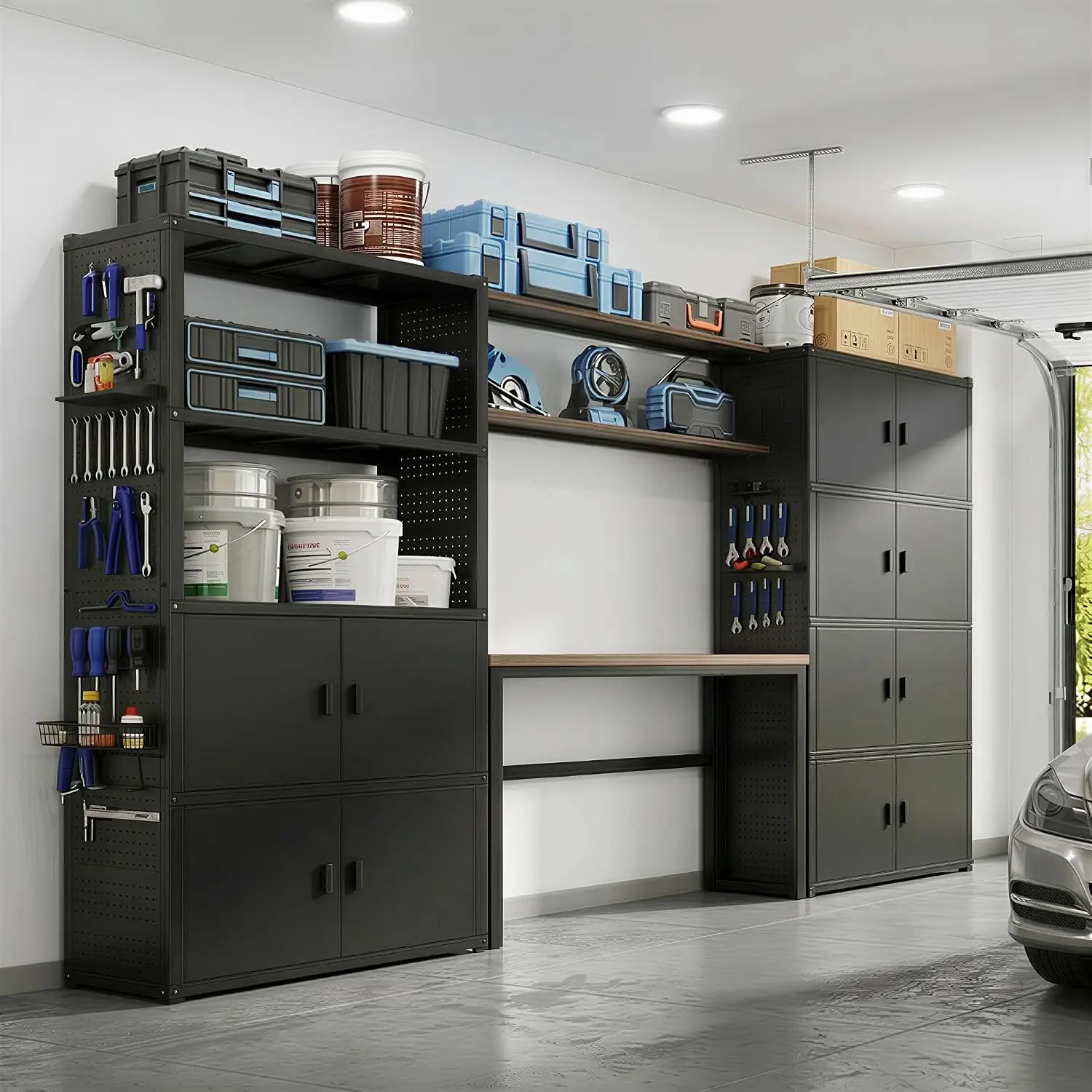 Garage Storage Cabinet with Workbench & Pegboard, Wall-Mounted Tool Organizer, Steel, Customized