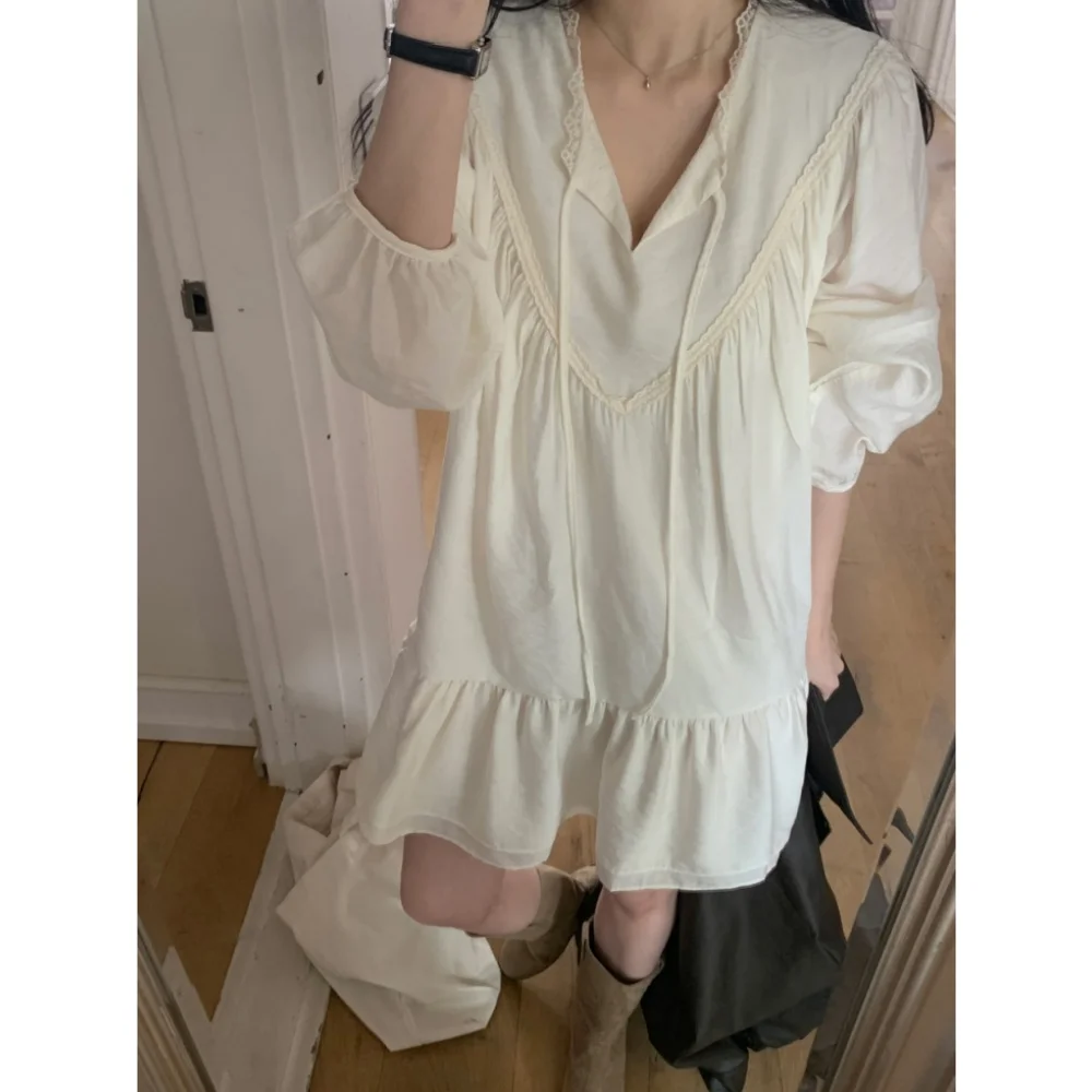 Estilo coreano doce solto renda com decote em v gravata arco babydoll manga bolha vestido para meninas, verão nova chegada