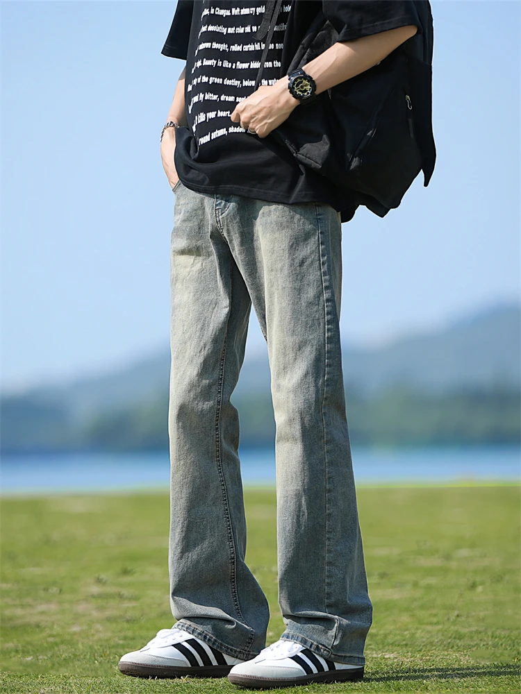 American High Street Vibe Men's Mid-Rise Waist Lift Pants Retro Blue Jeans Straight Loose Flared Trousers for Tall Men