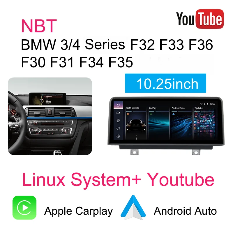Bonroad 10.25" draadloze CarPlay Android Auto autoradio voor BMW 1 2 3 4 Serie F20 F21 F23 F30 F31 F32 F33 F34 F35 F36 2013-2017