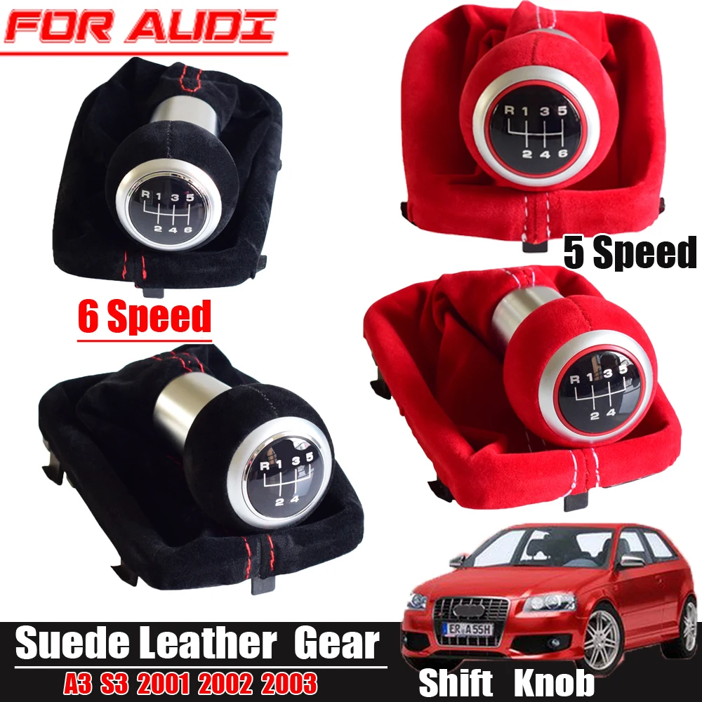 Hight  Quality 5/6 Speed  Complete Black Red Gear Shift Knob Suede Leather Gaiter Boot Cover For Audi A3 S3 2001 2002 2003