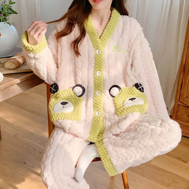 Autumn Winter Coral Fleece Cold Protection Maternity Pajamas Cartoon Confinement Suit Adjustable Elasticated Women Casual Suit