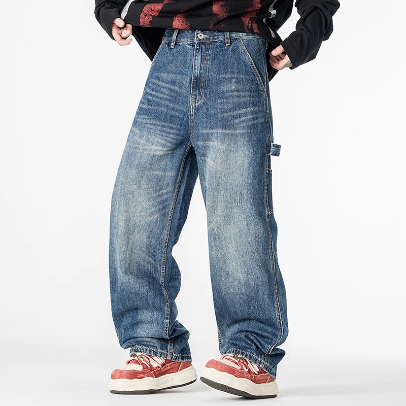 Men Streetwear Fashion Loose Casual Multi-pocket Vintage Washed Denim Wide Leg Cargo Baggy Jeans Pants Cityboy Jeans Trousers