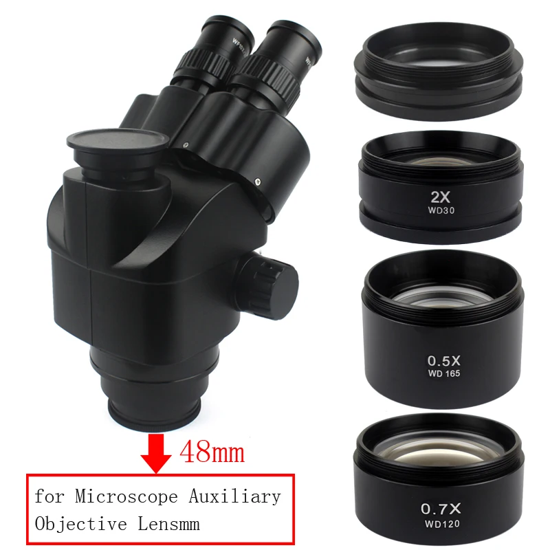 Objectif auxiliaire 0,5X 0,7X 1X 2,0X pour microscope stéréo à zoom, filetage 48 mm pour microscope trinoculaire