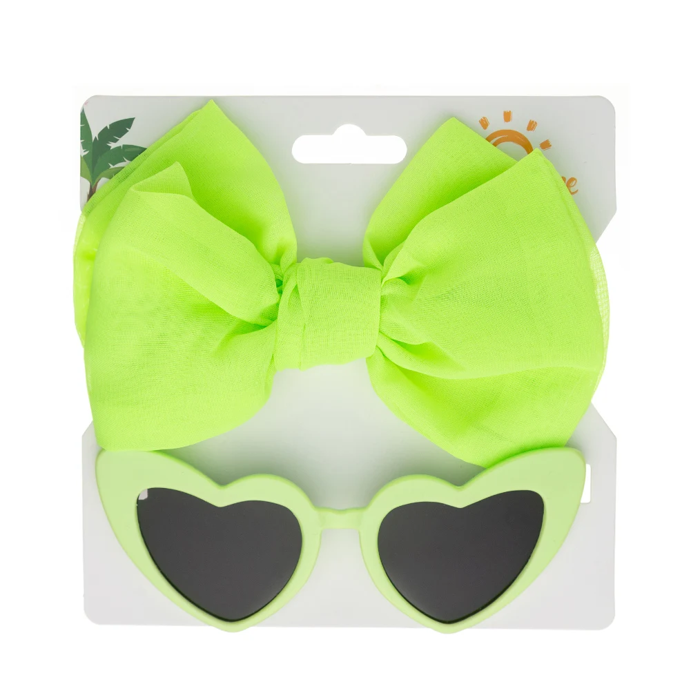 2Pcs/Set Heart Shape Baby Sunglasses with Silk Satin Hair Bow Headbands Fashion Party Gift Headwear Kids Boutique Headdress