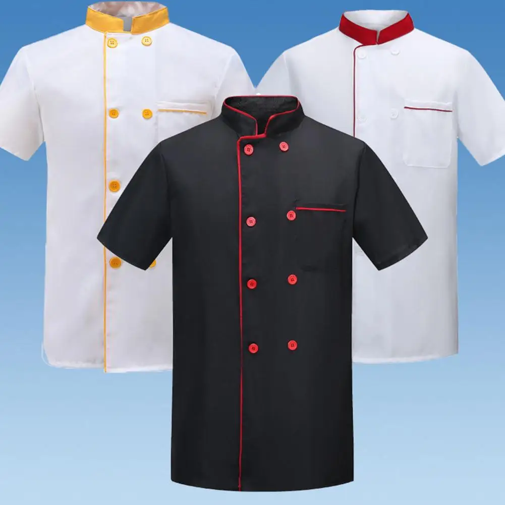 Uniforme de Chef de manga corta de doble botonadura Unisex, cuello alto, transpirable, cocina, panadería, restaurante, cantina, camarero, Top de verano