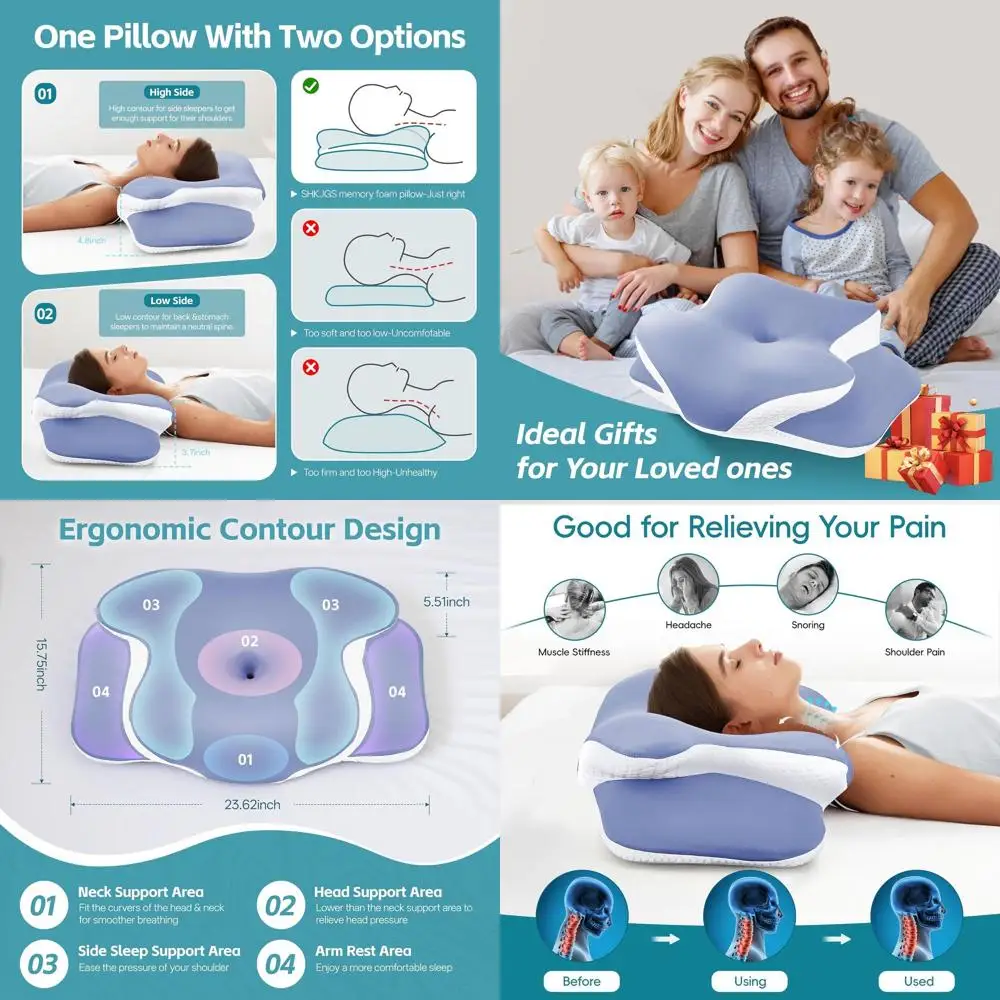 

Эргономичная охлаждающая подушка из пены с эффектом памяти для облегчения боли в шее и поддержки — идеально подходит для тех, кто спит на боку и на спине, синяя