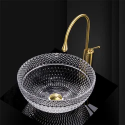 Round Diamond Glass Countertop Basin Crystal Glass Sink Bathroom Sink Luxury Clear Diamond Crystal Washbasin Vanity Set
