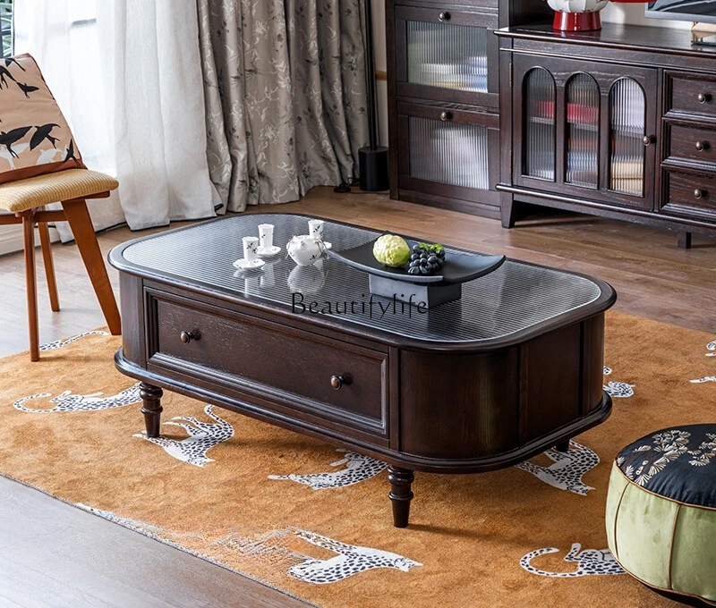 

French retro coffee table American solid wood light luxury high-end glass coffee table