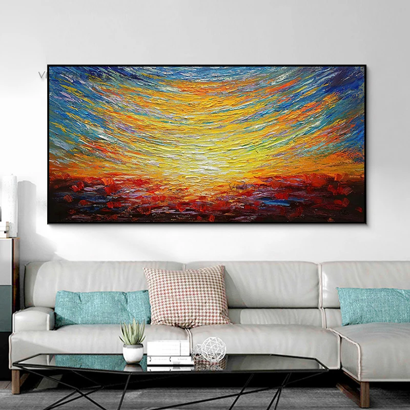 Handpainted Wall Oil Painting On Canvas Heavy Brushstroke Vibrant Sunset Abstract Ocean Oil Painting for Large Entry Wall Decor