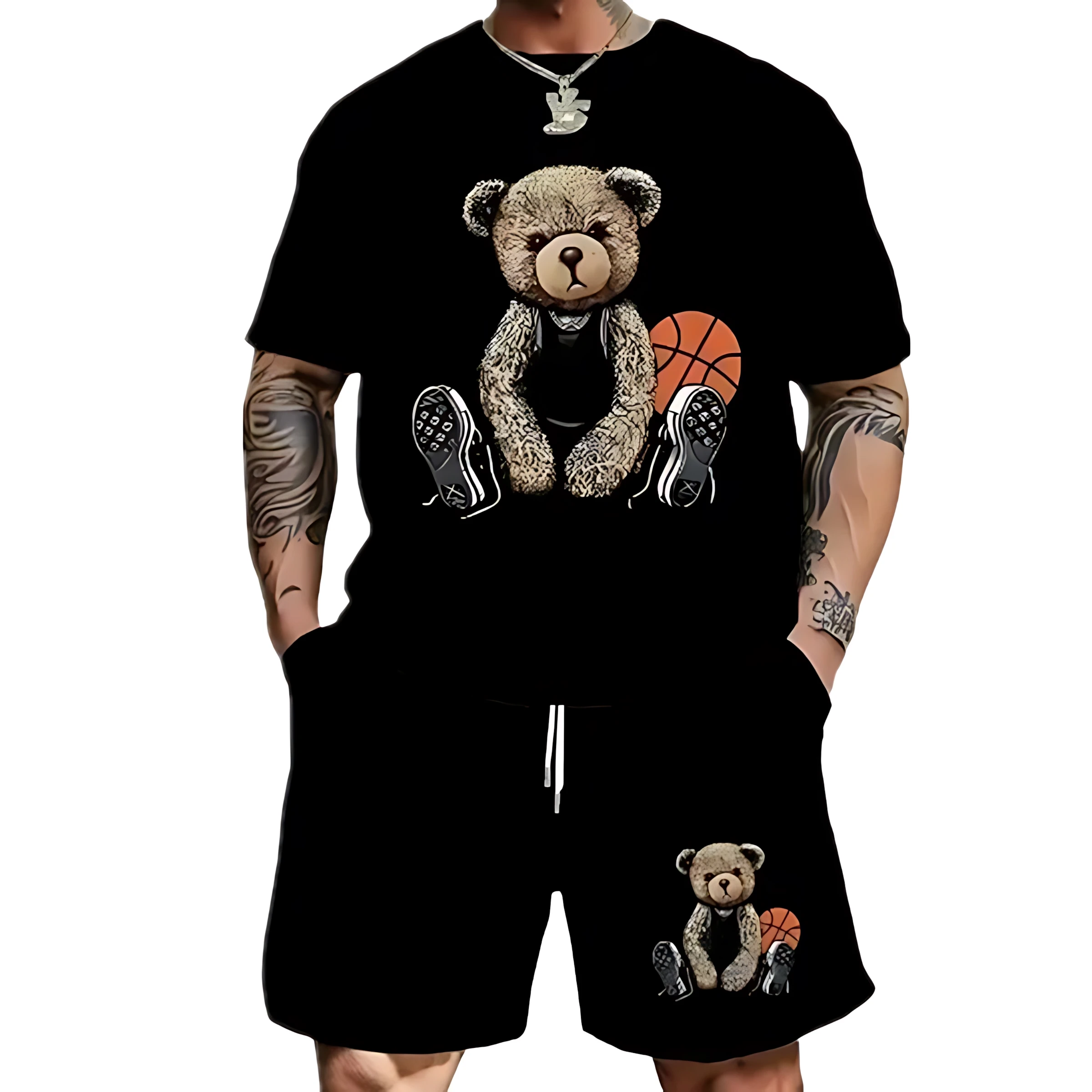 

Summer 2025 Bestseller Men's Suit Casual and fashionable bear print outdoor street sporty men's wear
