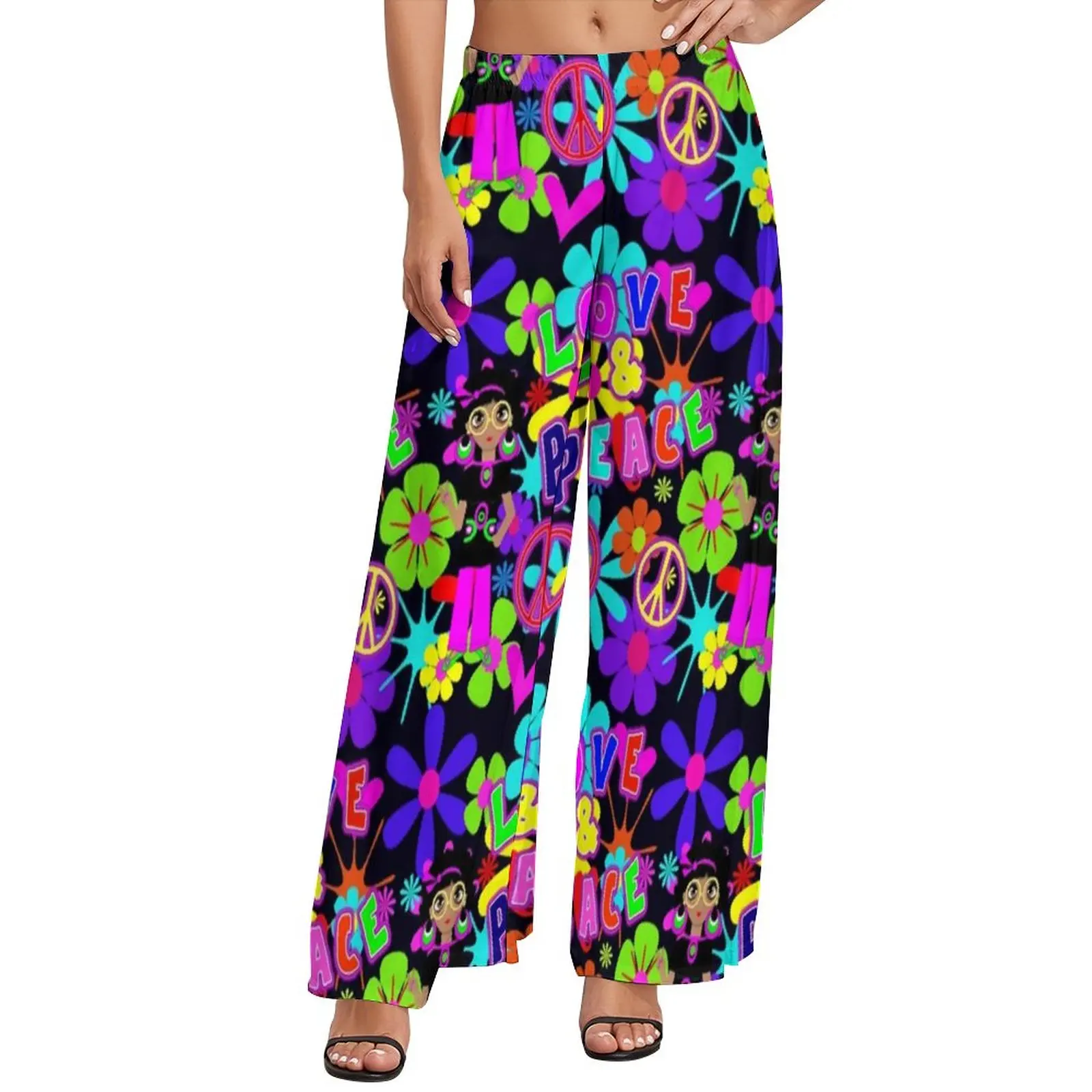 

Hippie Flower Power Pants Women Peace Colorful 60s Retro Korean Fashion Trousers High Waist Sexy Wide Leg Pants Gift Idea