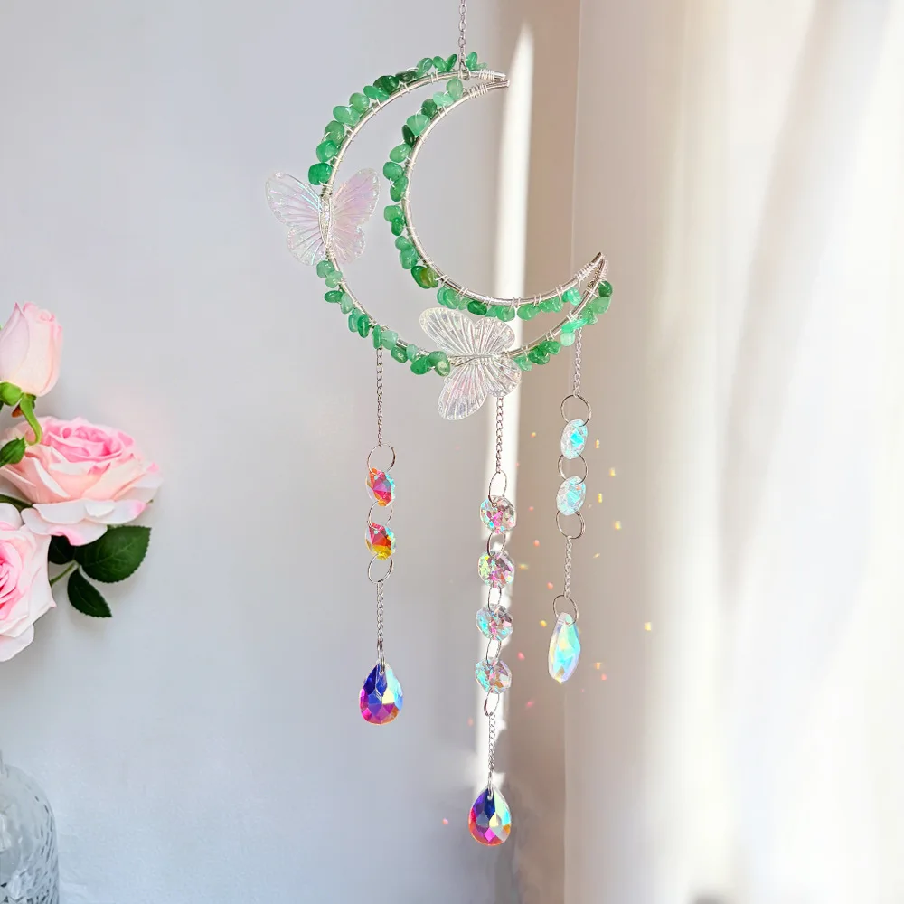 Custom Silver Butterfly Moon Green Aventurine Crystal Sun Catcher - Glass Pendants Hanging Ornament for Window Decor