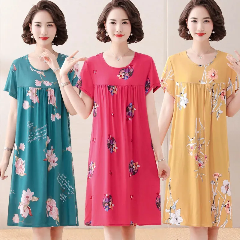 Middle-Aged and Elderly New Cotton Silk Nightgown Homewear Women\'s Summer Pajamas Dress Large Size Pajamas Homewear Mom Clothing