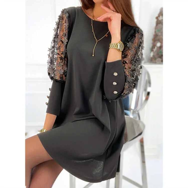 

Spring New Loose Shift Dress Women 2025 Fashion Casual Round Neck Hollow Lace Flower Button Three-quarter Sleeve Mini Dresses