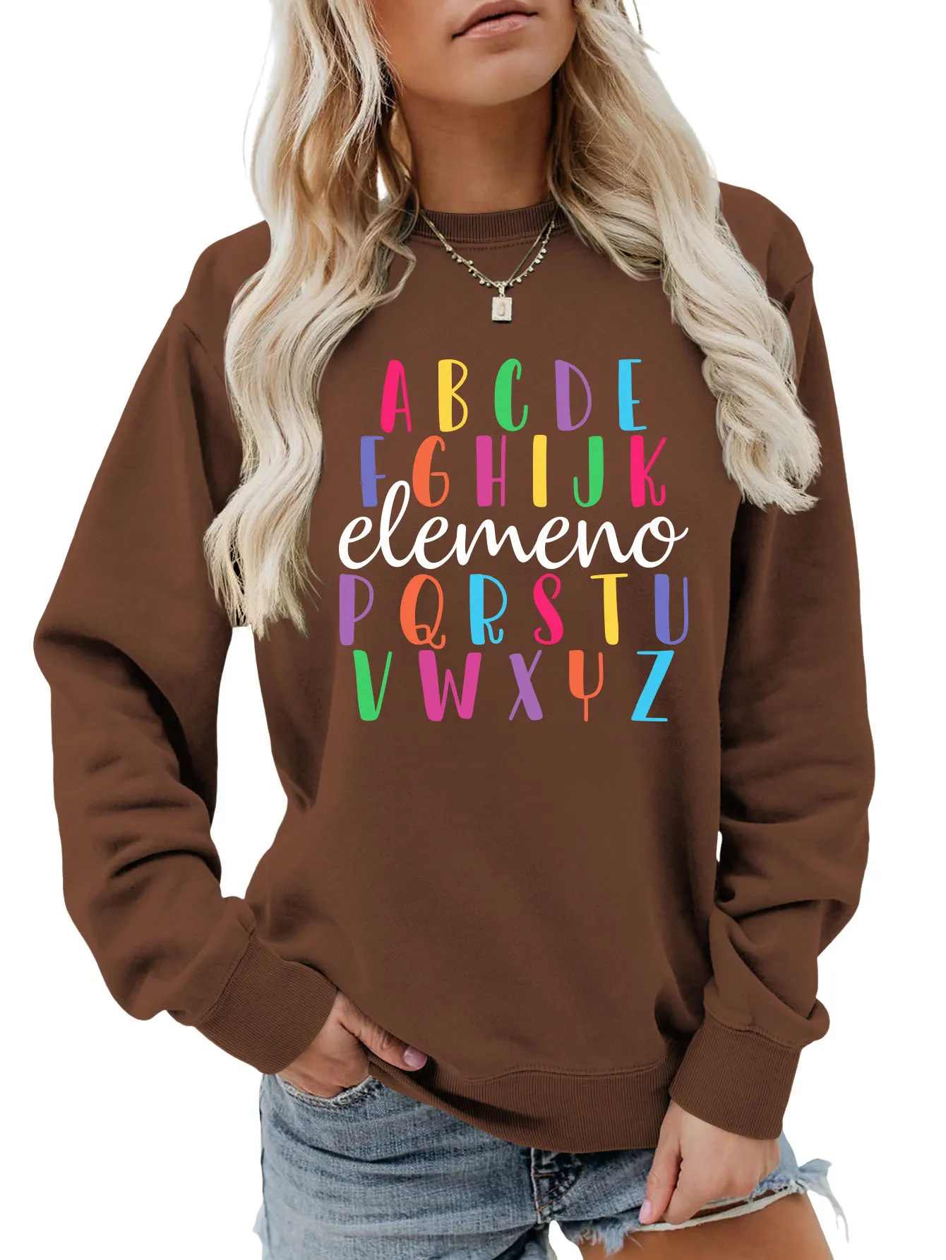 New fashion crew-neck T-shirt hoodie ABCDEFGHIJK elemeno letter print autumn loose long-sleeved casual top women's all-match pul