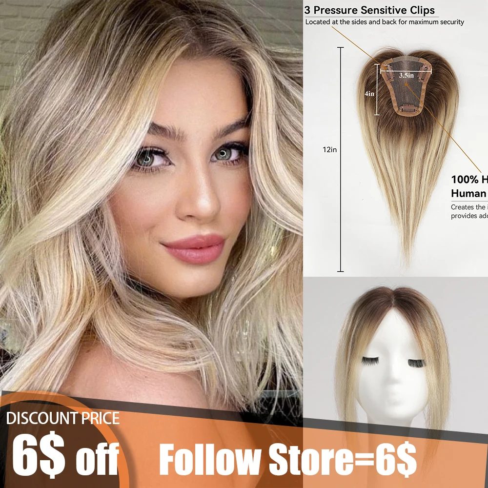 Blonde Human Hair Toppers Lace Base 100% Remy Human Hair Toppers Clips in Light Golden Brown Mixed Hairpieces for Women 12inches