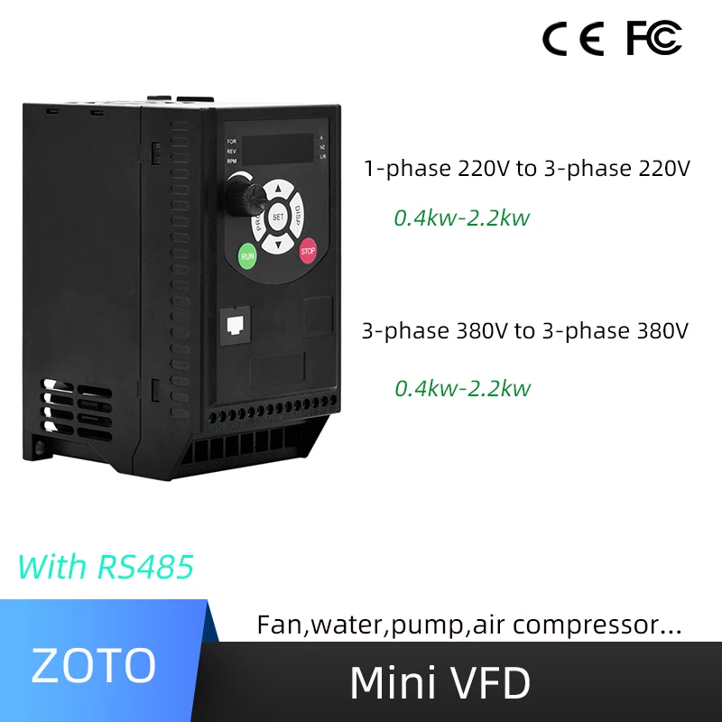 VFD 1phase 220V to 3phase 220V, 0.4kw-2.2kw, 3phase 380V to 3phase 380V Regulator Controller