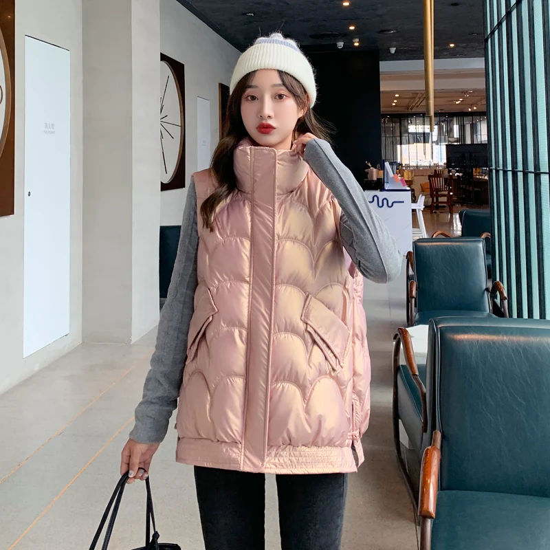 New Gloosy Parka Vest Thicken Warm Winter Jacket Women Casual Sleeveless Stand Collar Parka Coat Ladies Loose Chic Outwear