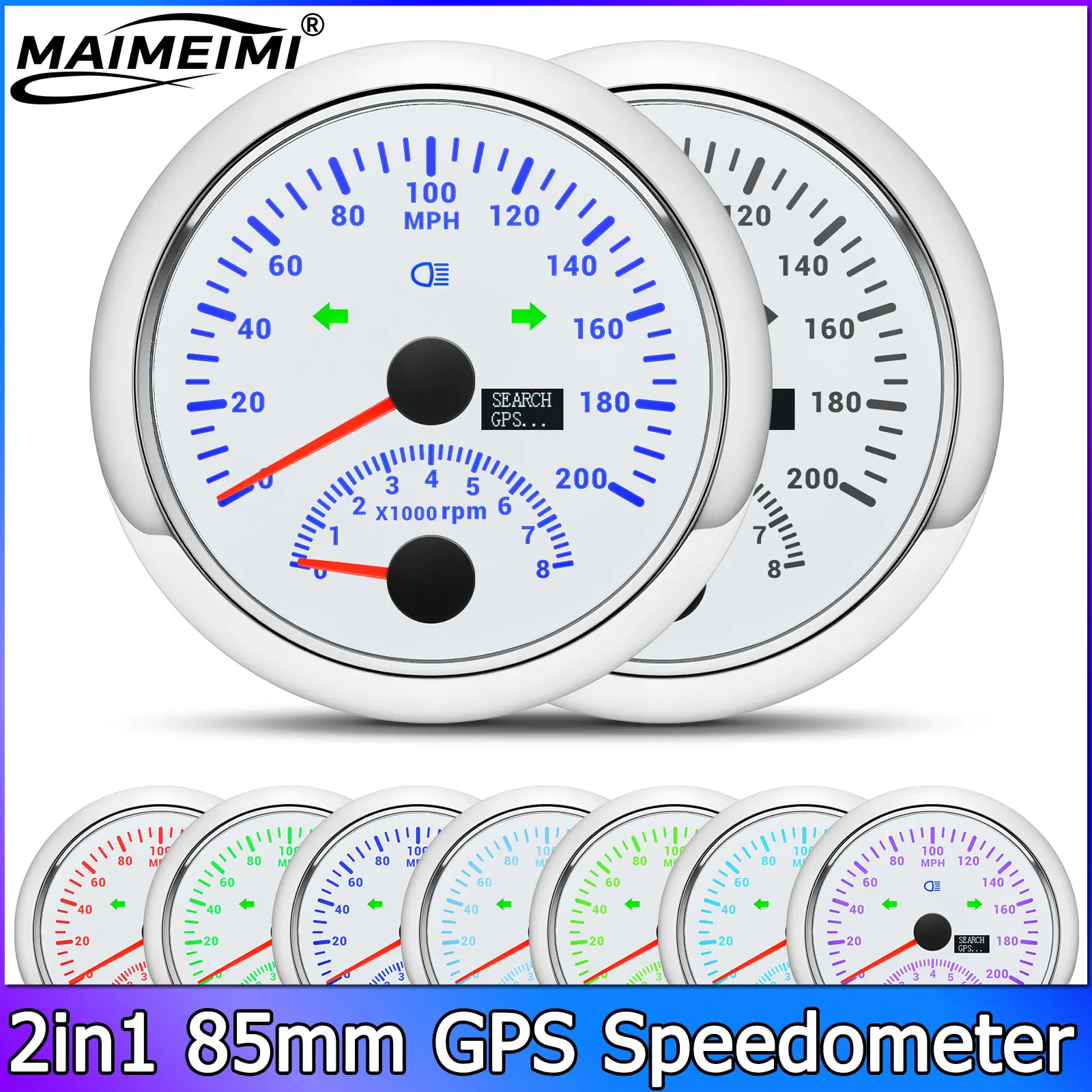 

120MPH 200MPH 85mm GPS Speedometer With Antenna 2 IN 1 Gauge With 0-8000rpm RPM Tachometer for Car Boat 12V 24V 7 Color