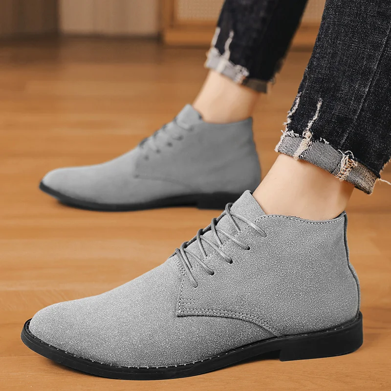 Casual shoes man Fashion Men Ankle Chelsea Boots lace up Male Shoes mid top Suede Leather Slip On Motorcycle Man Boots