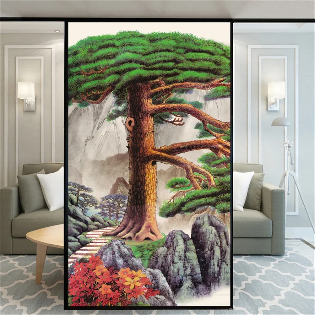 Static Cling Privacy Window Film No-Glue Pine Tree Painting Decorative Glass Covering  Frosted Window Stickers Window Tint