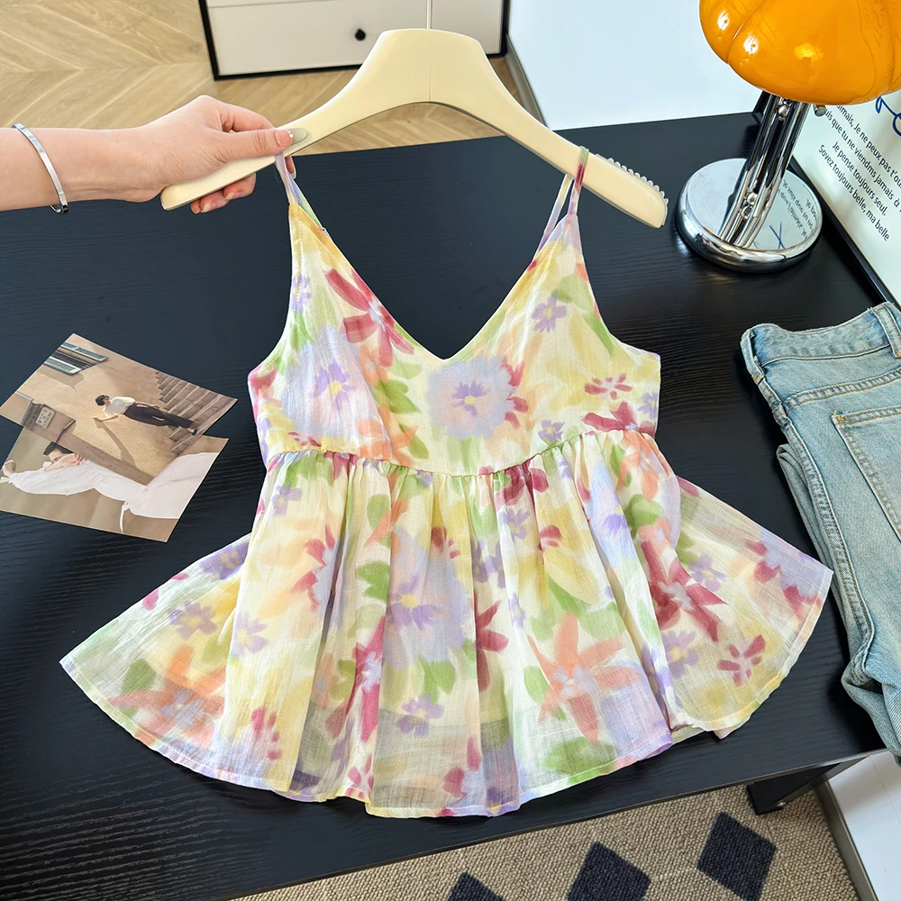 Summer Floral Print Camisole Top Women's Sweet Short Sleeveless Lightweight Vest Top Outdoor Wear Casual Style Polyester Fiber