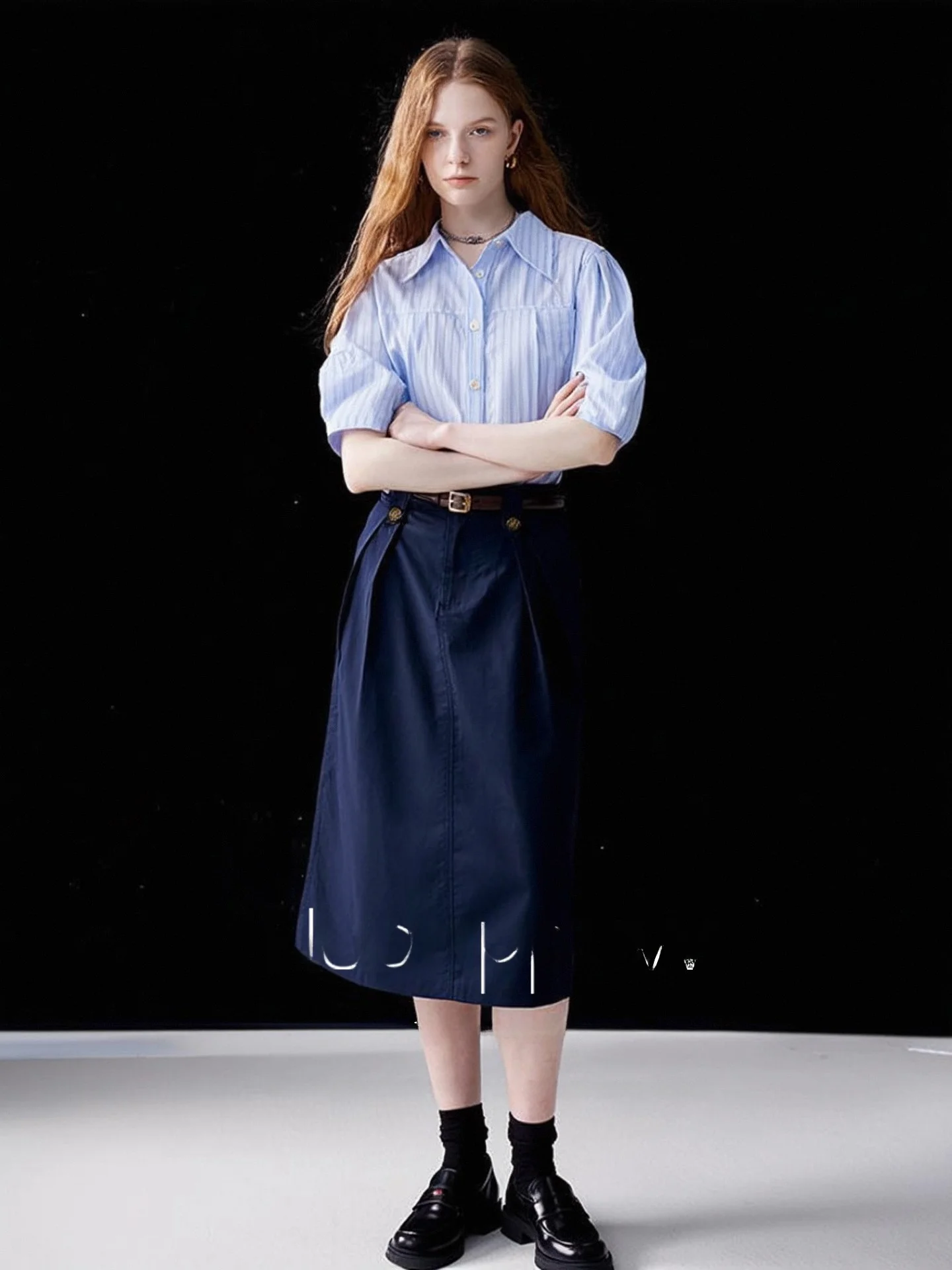 

Huaappuw Blue Striped Short Sleeve Shirt Set Women's High Waist Skirt Two-Piece Suit Commute Style Autumn Wear Office Ready
