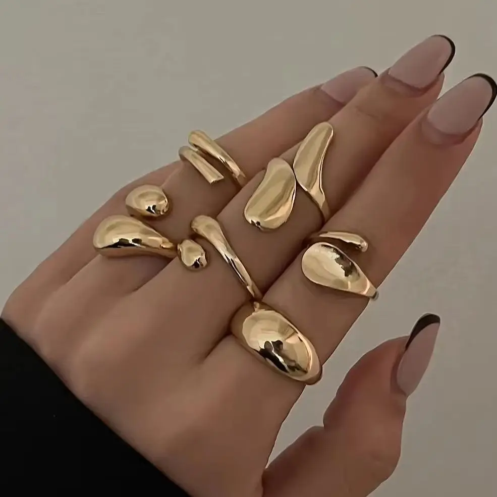 

SHIXIN Design Irregular Geometric Water Drop Open Rings Set Women Trendy Vintage Hugging Shape Adjustable Knuckle Rings 2025 New