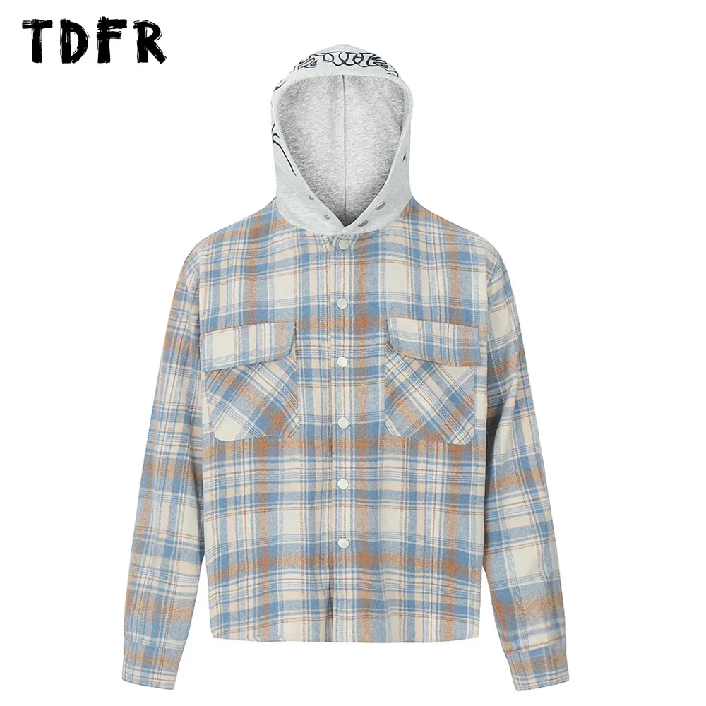 

Letter Embroidery Spliced Hooded Plaid Shirts Mens Autumn Streetwear Pocket Single Breasted Lapel Long Sleeve Shirts Men