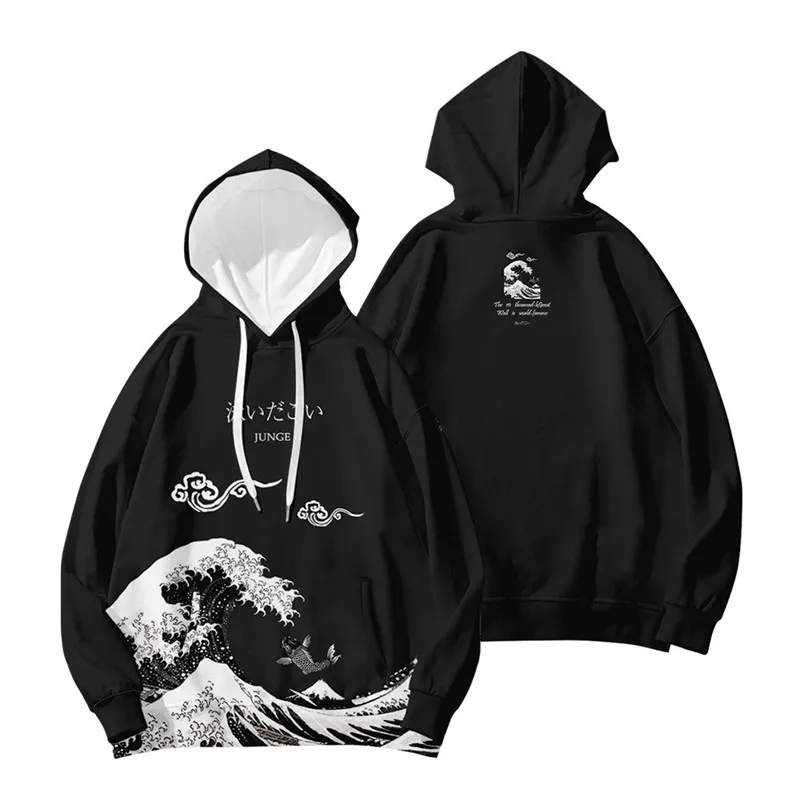 Kanagawa Wave Carp Print Hoodie Sweatshirt Autumn Winter Casual Oversized Hooded Hoodie Hip Hop Pullover Women Men Clothing