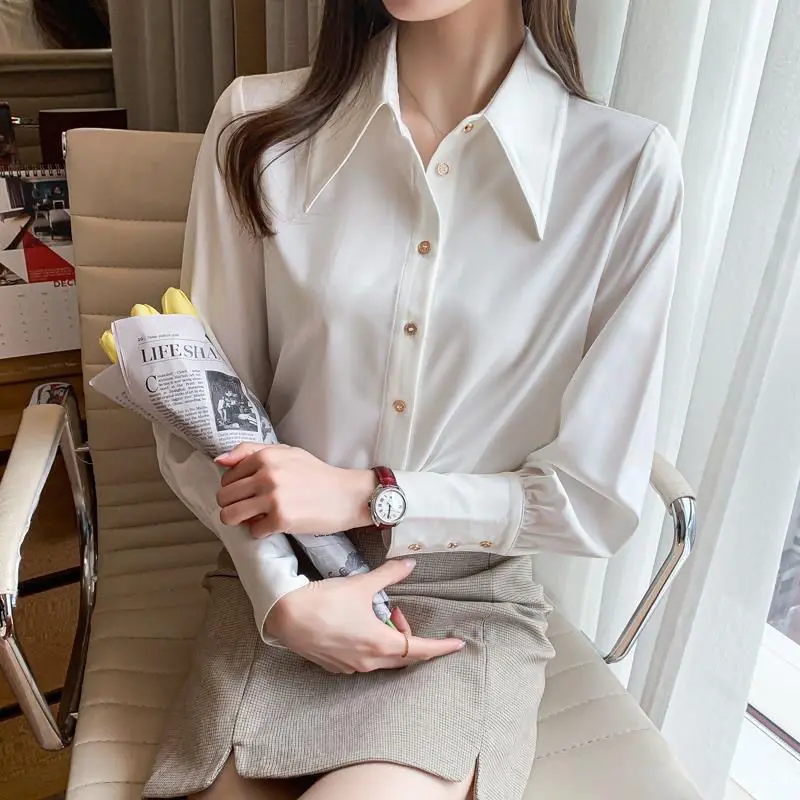 White Shirt Tops Spring Autumn New Long Sleeve Polo Neck Solid Color Loose Basic All-match Blouse Office Fashion Women Clothing