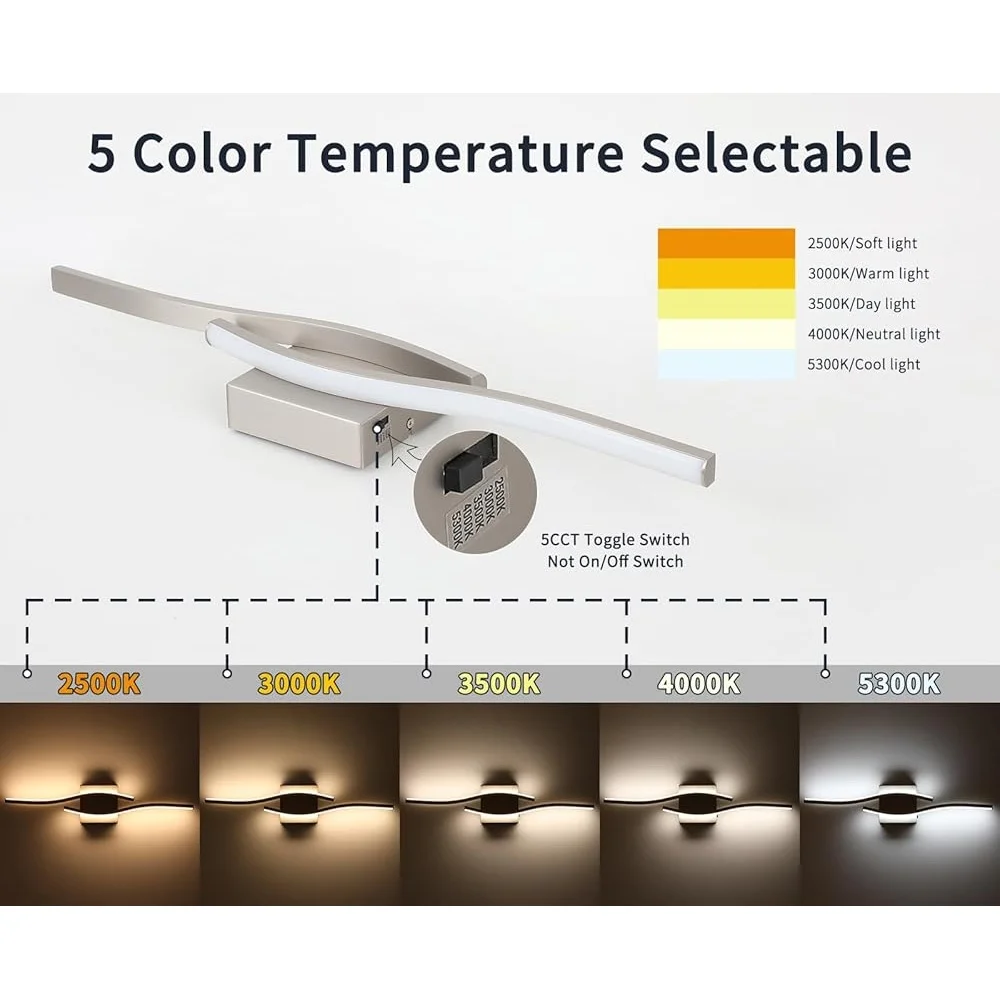 عكس الضوء 5CCT LED الحمام الغرور ضوء نحى النيكل تركيبات الحديثة فوق مرآة سهلة التركيب توفير الطاقة