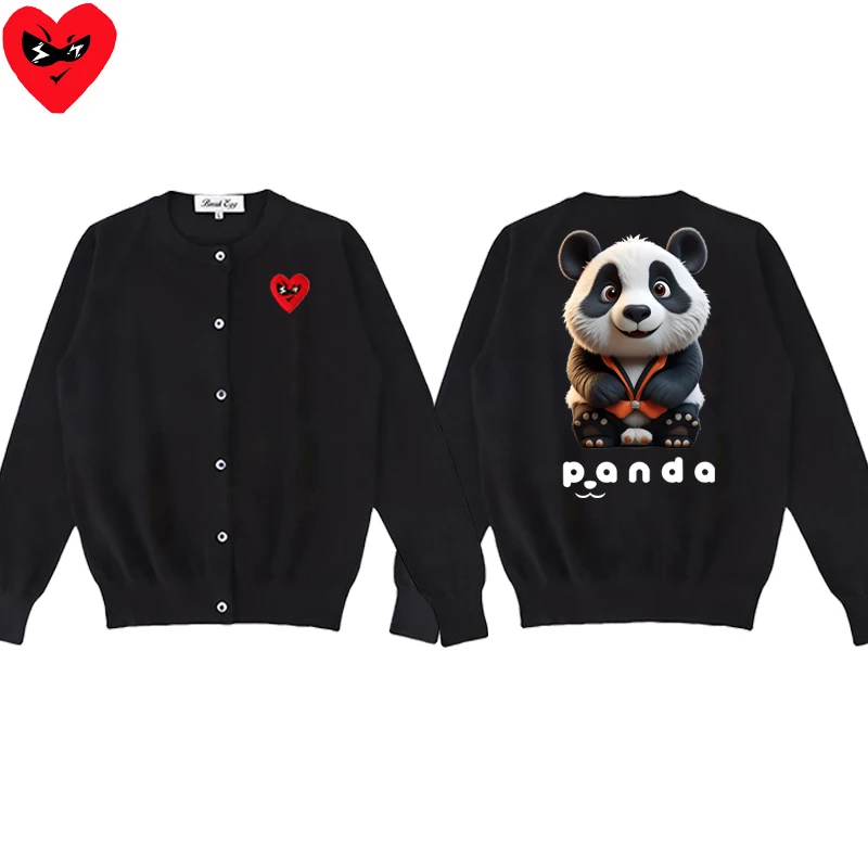 Cute Pandas Colorful Printing Women Cardigan Cotton Cute Red Glasses Heart Embroidery O-Neck Single Breasted Autumn Fit Sweater