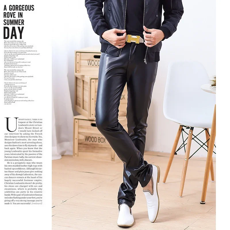 Male Leather   Pants Male Slim Leather Pants Men\'s Clothing PU Pants Male
