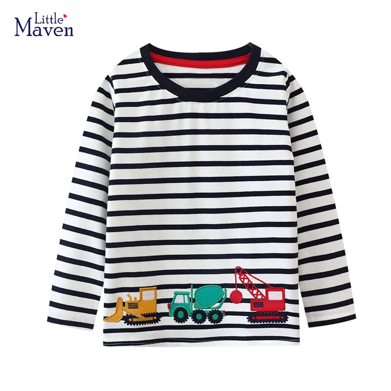 Little maven Autumn Cartoon Excavators Long Sleeves Stripe T-shirt Cotton Tops Boys Kids Clothes Children\'s Clothing