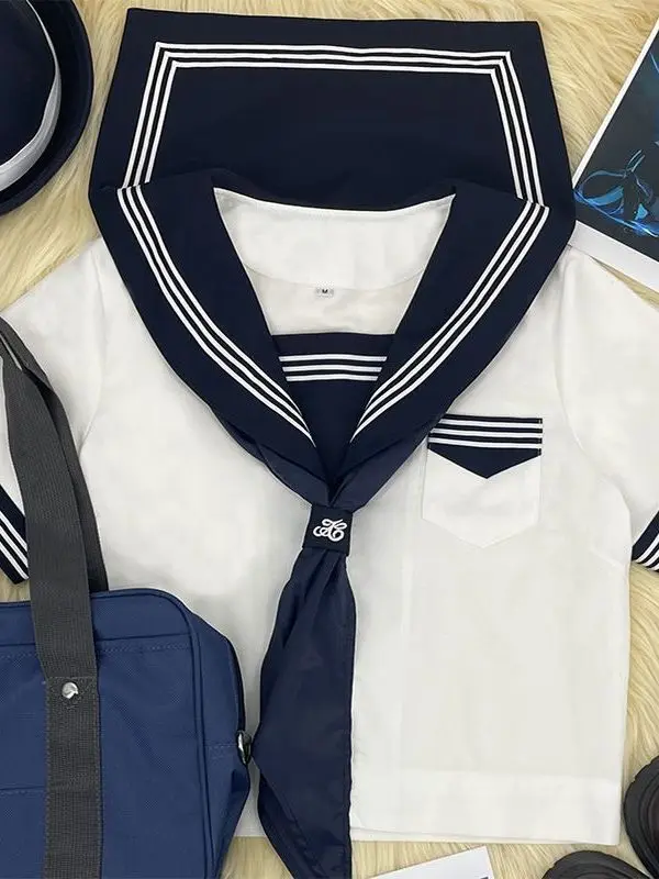 Sakura Girl JK Uniform Revamped White Three-Button Sailor Suit School Style Class Performance Costume Breathable Polyester