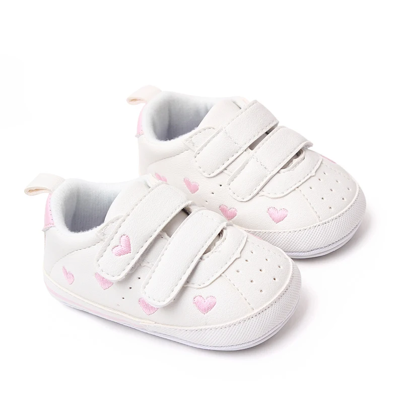 Baby White PU Sneaker Non-slip for Toddler Boys and Girls Cute Embroidery Stars and Hearts