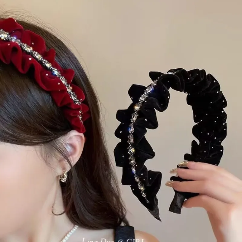 French Elegant Rhinestone Pleated Gold Velvet Headband with A High-end Feel and Temperament Water Drill Headband image 2