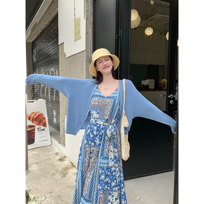 

Women's Casual Beach Vaion Sle Dr And Sun Protection Top Two-Piece Set Autumn Faion Ensemble Long Sve Cardigan