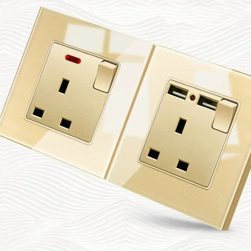 Gold Universal Tempered Glass Wall Socket,UK 13A power outlet with USB Type C 18W Quick Charge,Home Light Electric Switch Panel