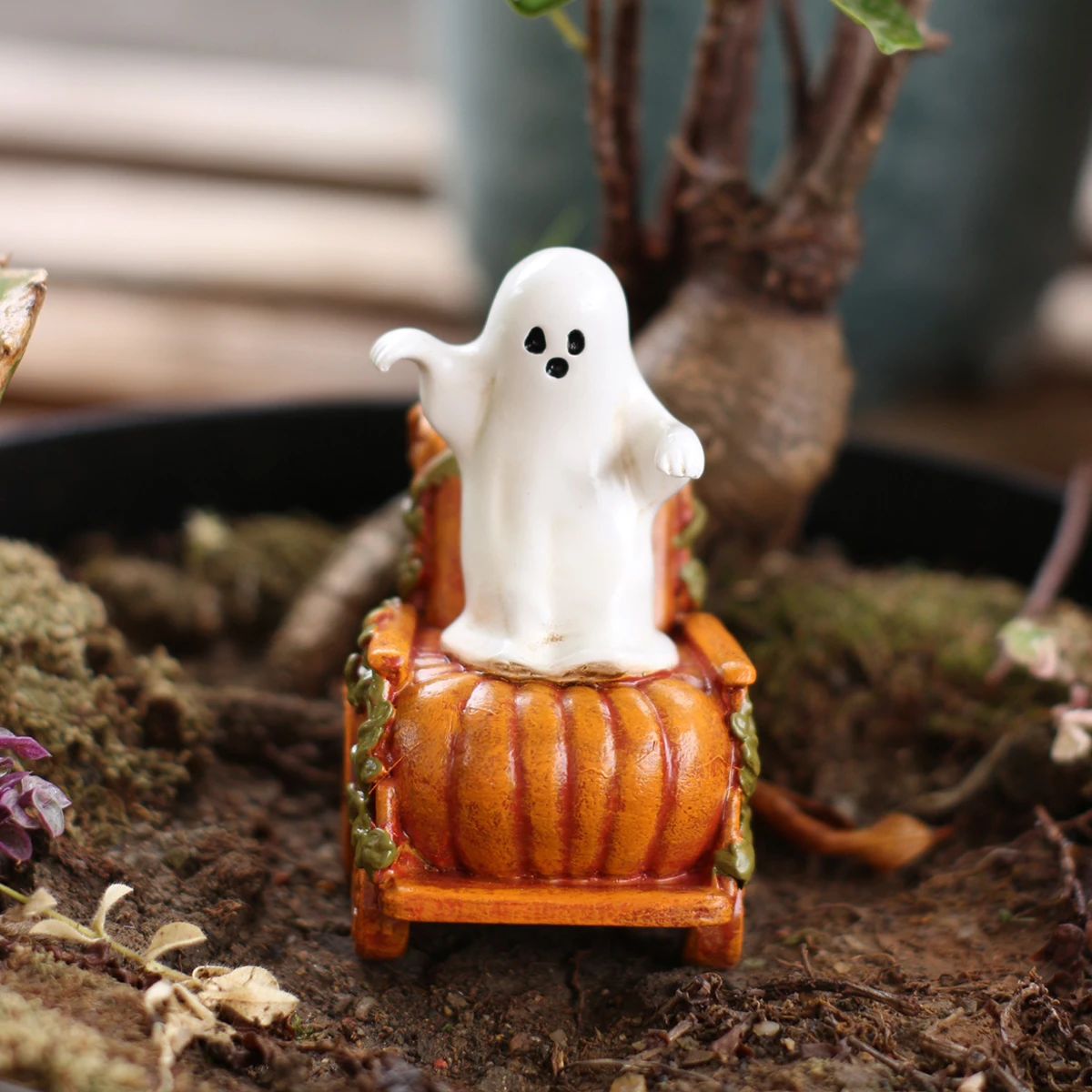 1pc Halloween Ghost On Pumpkin Wheelchair Resin Figurine Cute Spooky Outdoor Garden Home Desktop Decor