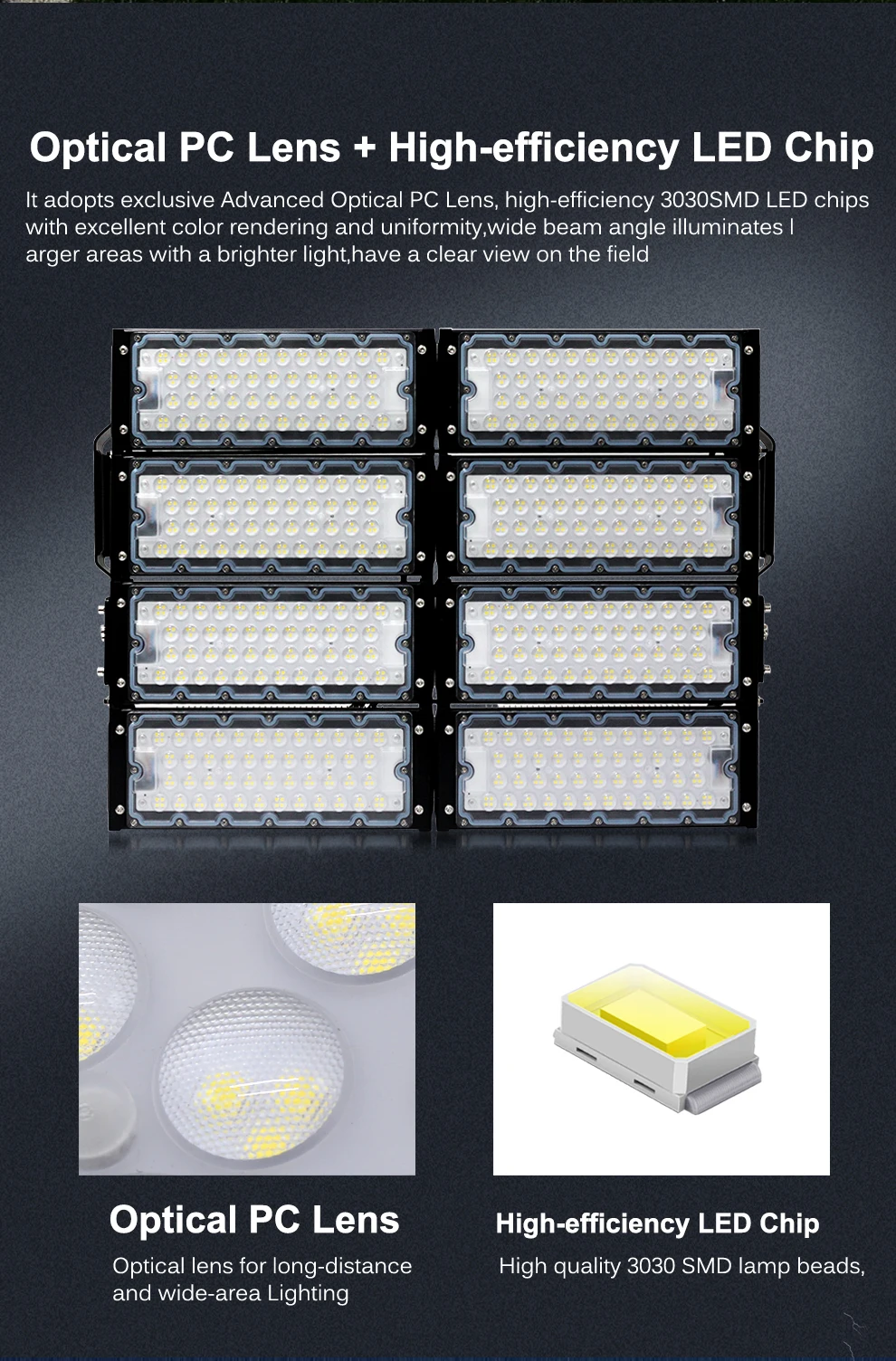 Stadion-LED-Flutlicht AC100-277V 100W 200W 300W 400W 600W 800W 6500K 130M/W SMD2835 für Tunnel- und Verkehrsflächenbeleuchtung – Detail 4