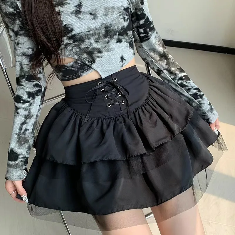 2026 New Vintage High-Waist Mini Sexy Puff Skirt Streetwear Women's Autumn Winter Mesh Skirt Ballet Style Petite Ruffles Skirts