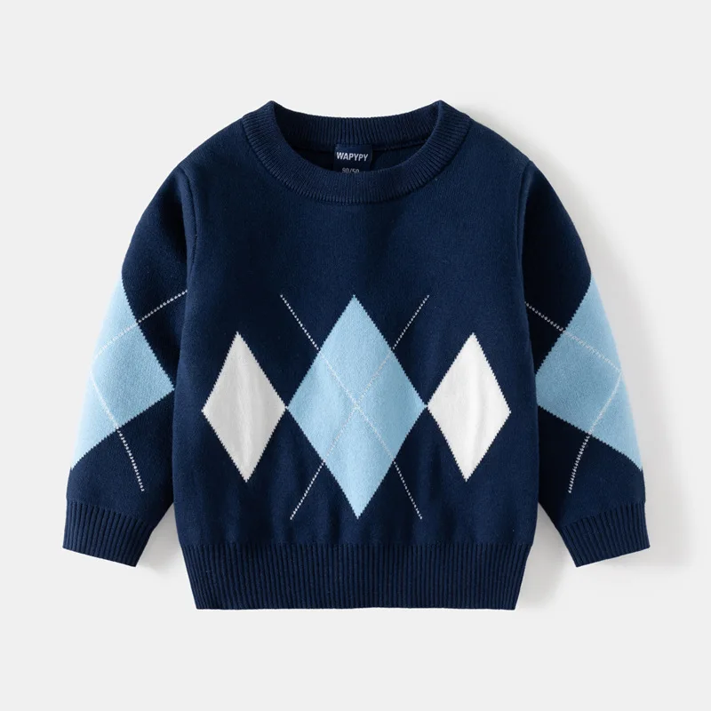 2024 Autumn Winter Children Boy Sweater Cotton Argyle Long Sleeve Baby Boy Pullovers Contrast Loose Thicken Warm Kid Boy Sweater