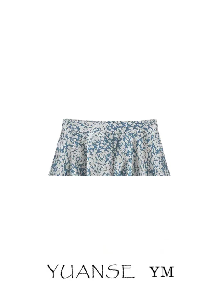 Blue Floral High Waist A-Line  Skirt Women's Summer Fashion Youthful Drapey Elegant Skirts for Young Ladies