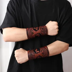 Fashion Punk Wide Leather Bracelet Arm Armor Cuff Wrist Guard Crow and Sheep Head Pattern Wide Bracer for Fancy Dress Stage Show