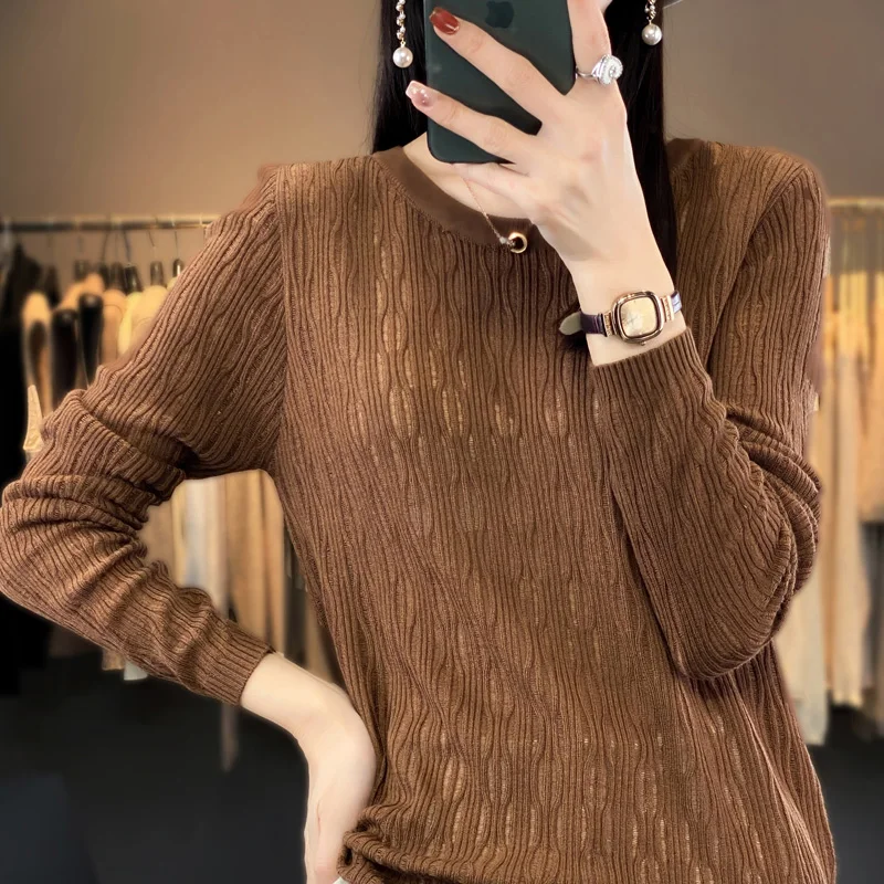 23 Autumn Winter New Woolen Sweater Women's Round Neck Long Sleeve Pullover Loose Hollow Out Simple Solid Color Versatile Knit