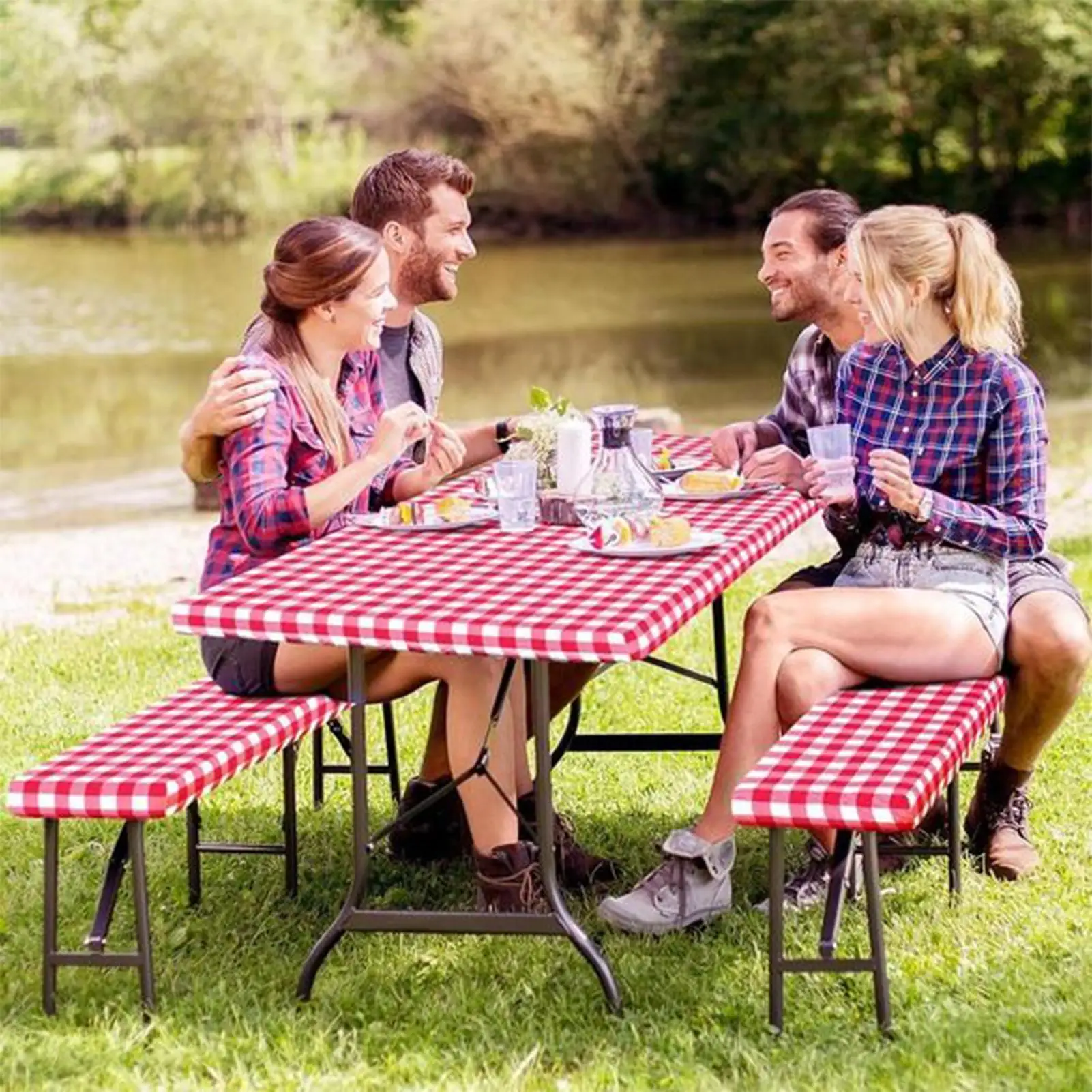 

Outdoor Picnic Tablecloth Fitted Picnic Table Cover With Bench Covers Red White Grid Tablecloth Protector Guards For Outdoor